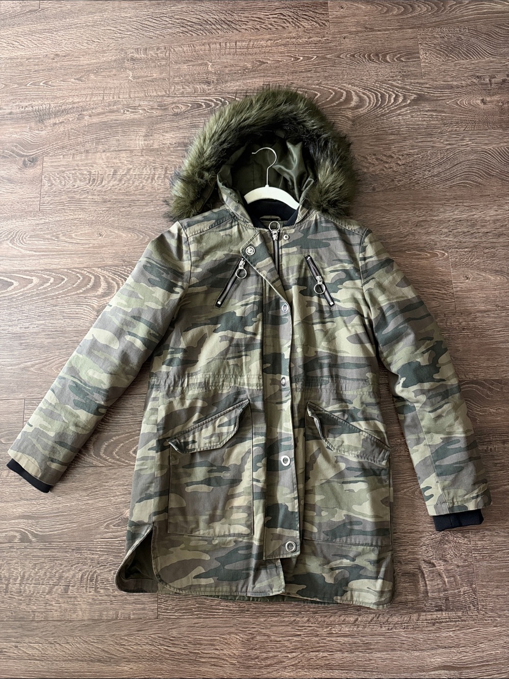 Women’s Camo Parka Jacket with Faux Fur Hood - Green
